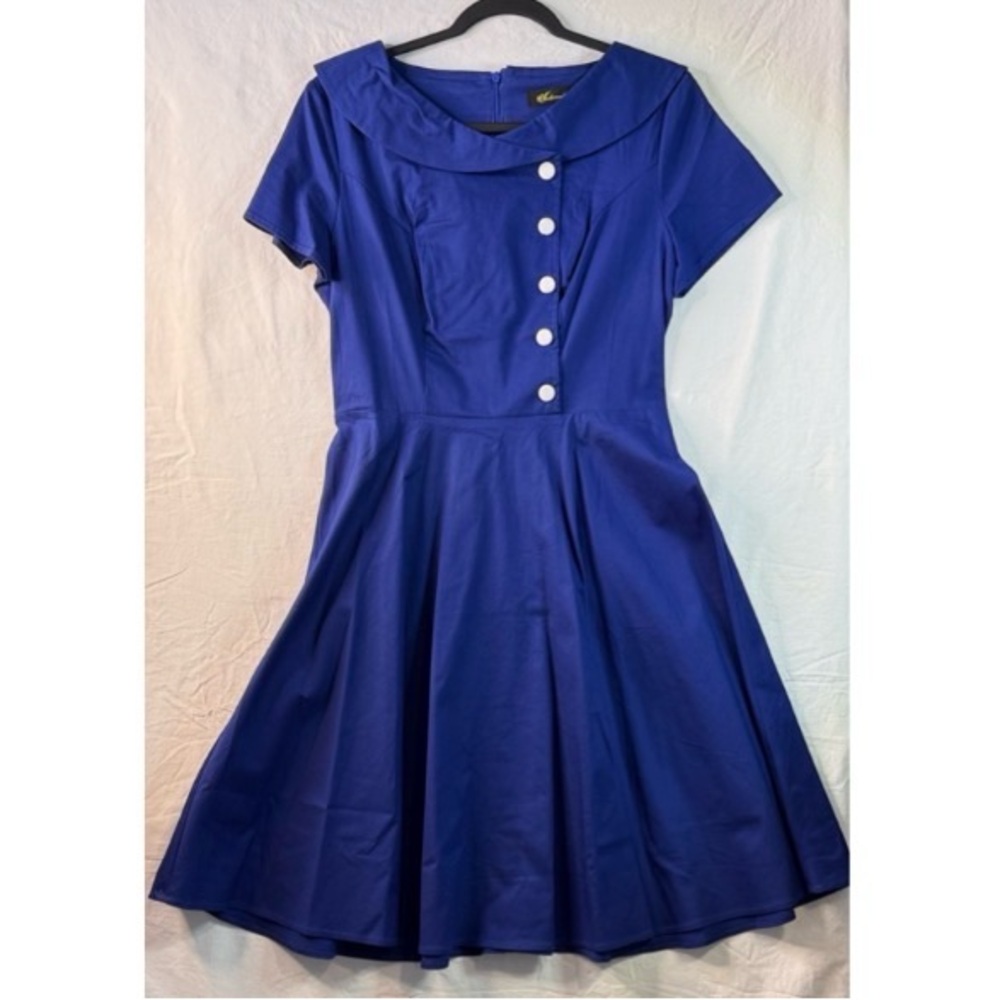 Classic Vintage Looking Fit & Flare Blue Dress with Button Detail